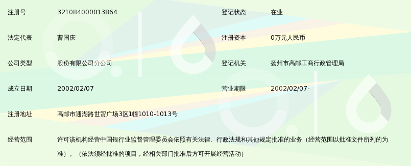 江苏高邮农村商业银行股份有限公司屏淮支行_