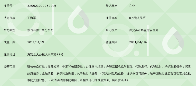 江苏海安农村商业银行股份有限公司大公支行