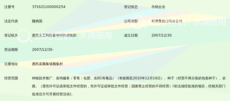 惠民县硕丰农资连锁有限公司魏集炳国经营店